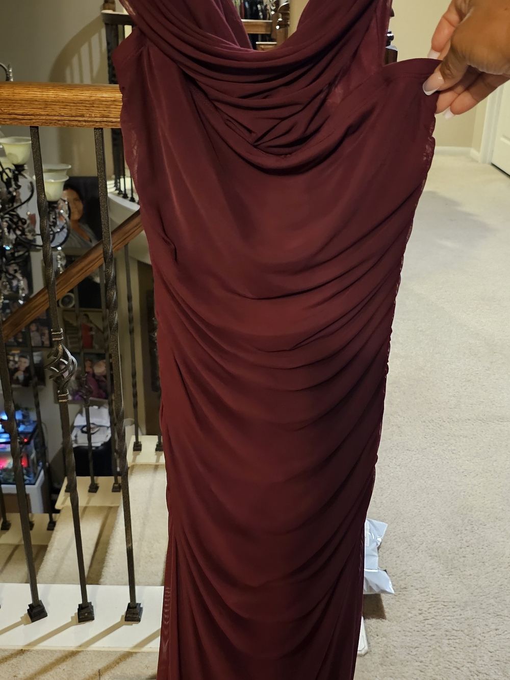 Elegant Burgundy Ruched Cowl Neck Evening Dress